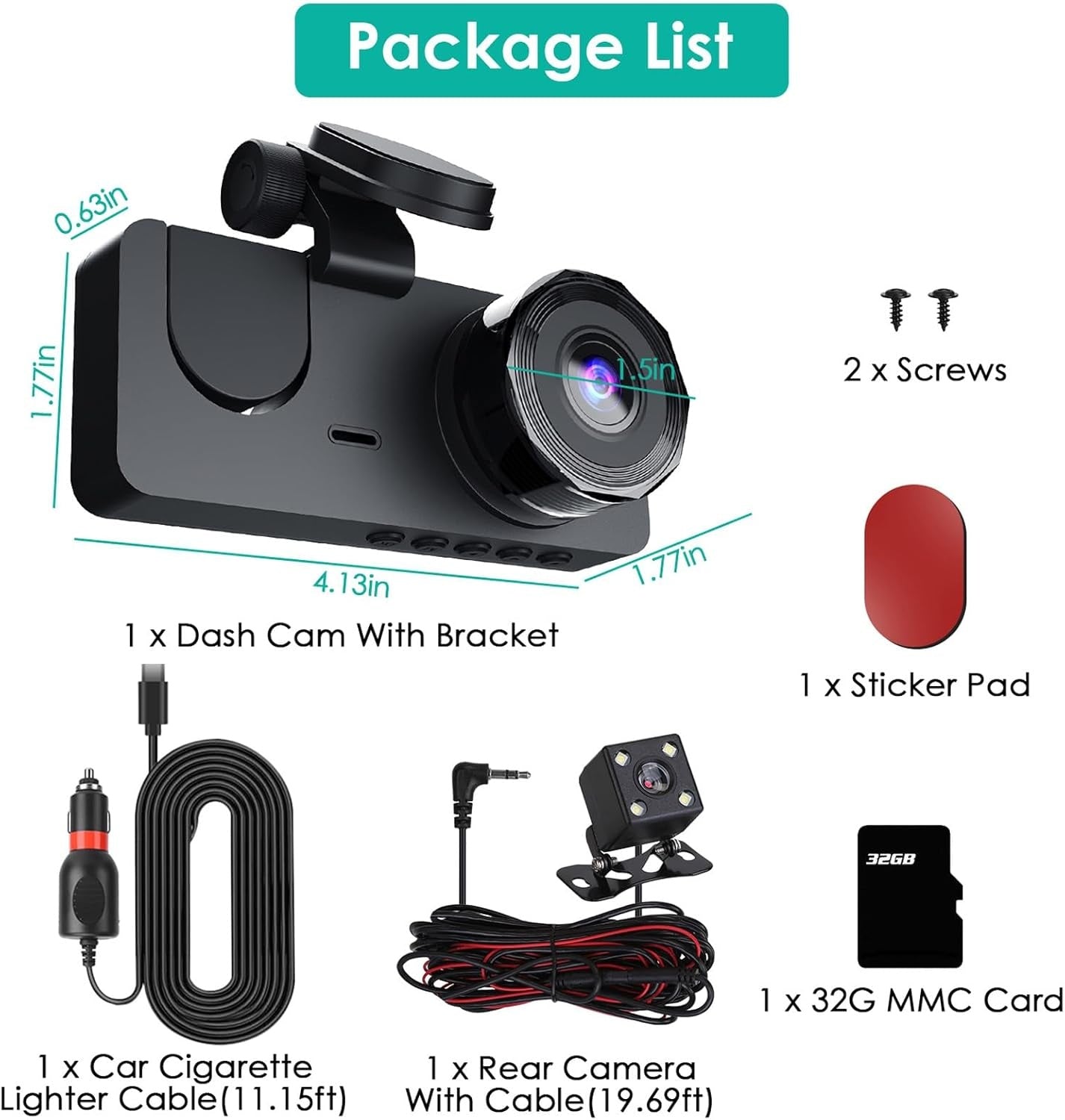 3 Channel Dash Cam, 1080P Dash Cam Front And Rear Inside, Three Way Dash Camera For Cars, Car Camera With 32GB Card, 24H Parking Mode, Loop Recording, Super Night Vision - NOMAN STORE LLC