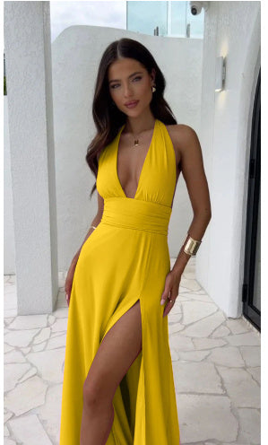 Sexy Halterneck V-neck Slit Dress Summer Backless Strappy Skirt Fashion Temperament Clothing Women - NOMAN STORE LLC