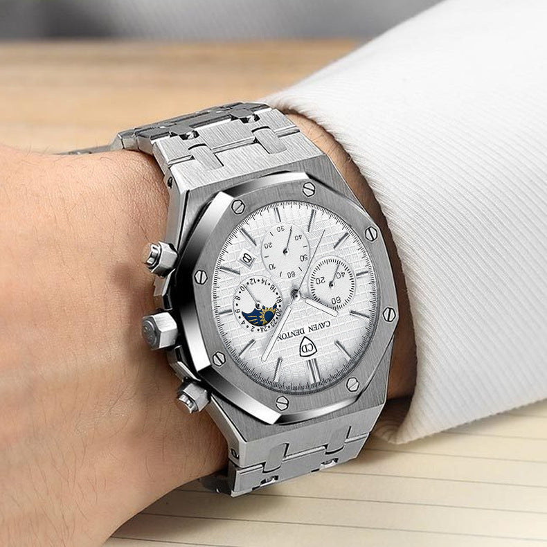 Waterproof High-grade Three Eyes And Six Needles Multi-functional Moon Phase Men's Steel Strap Watch - NOMAN STORE LLC