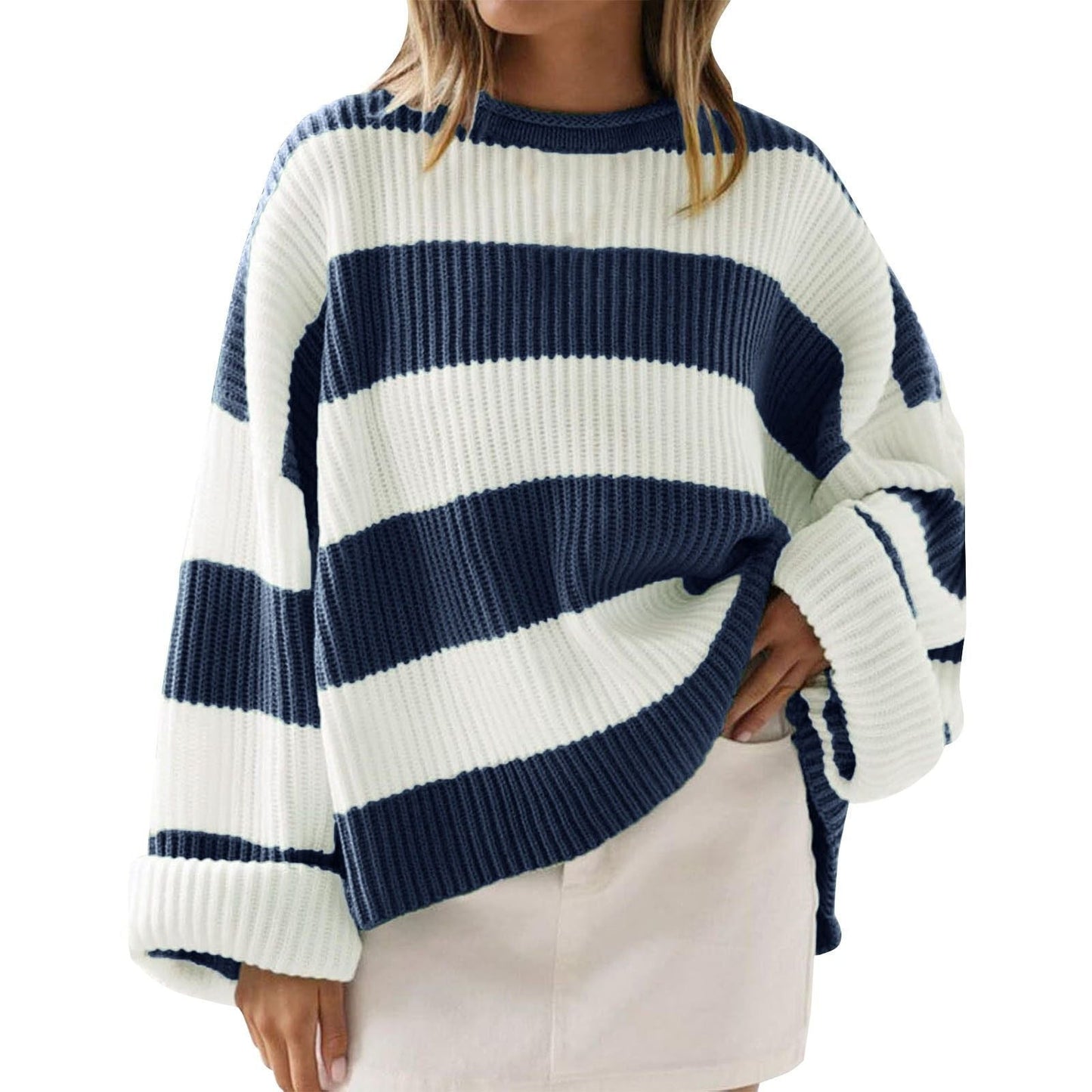 Loose Striped Sweater Fashion Casual Long Batwing Sleeve Round Neck Pullover Knit Tops Women Clothing - NOMAN STORE LLC