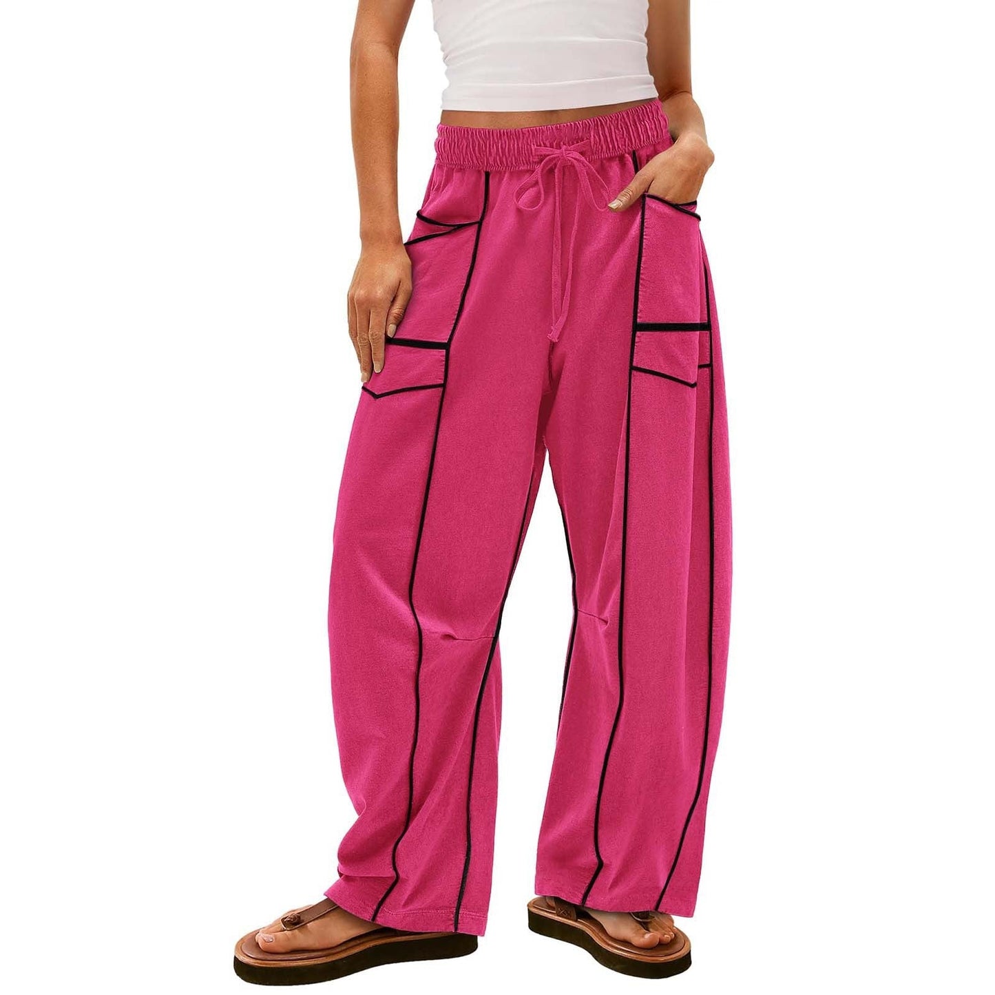 Y2K Black Striped Wide-leg Pants With Pockets Fashion Loose Drawstring Trousers Sports Sweatpants Women's Clothing - NOMAN STORE LLC