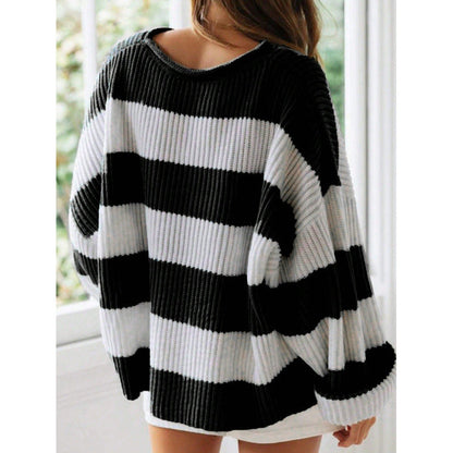 Loose Striped Sweater Fashion Casual Long Batwing Sleeve Round Neck Pullover Knit Tops Women Clothing - NOMAN STORE LLC
