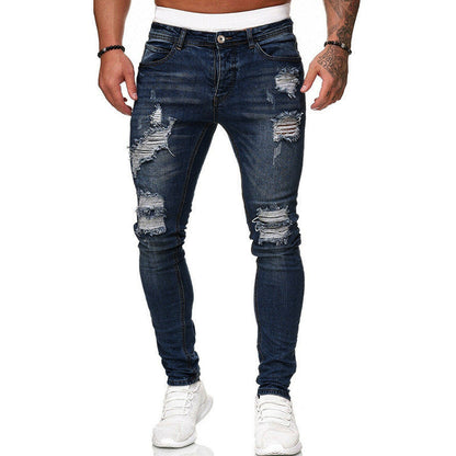 Fashion Street Style Ripped Skinny Jeans Men Vintage Wash Solid Denim Trouser Mens Casual Slim Fit Pencil Denim Pants - NOMAN STORE LLC