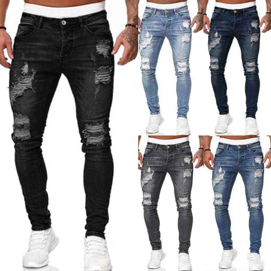 Fashion Street Style Ripped Skinny Jeans Men Vintage Wash Solid Denim Trouser Mens Casual Slim Fit Pencil Denim Pants - NOMAN STORE LLC