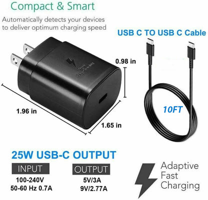 25w Super Fast Charger Type USB-C 10FT Cable For Galaxy S23 S22 S21 S20
