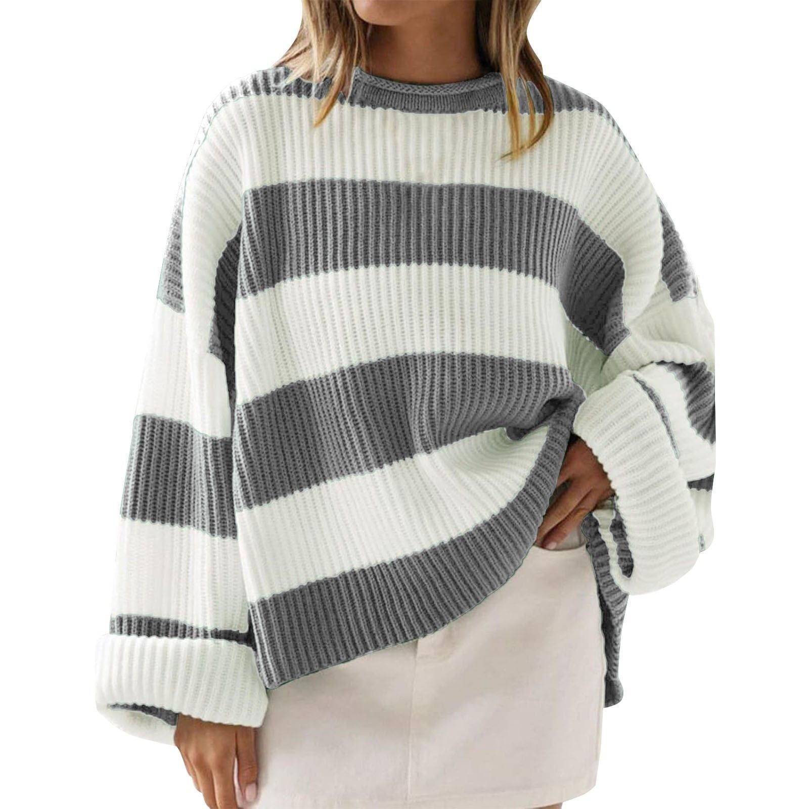 Loose Striped Sweater Fashion Casual Long Batwing Sleeve Round Neck Pullover Knit Tops Women Clothing - NOMAN STORE LLC