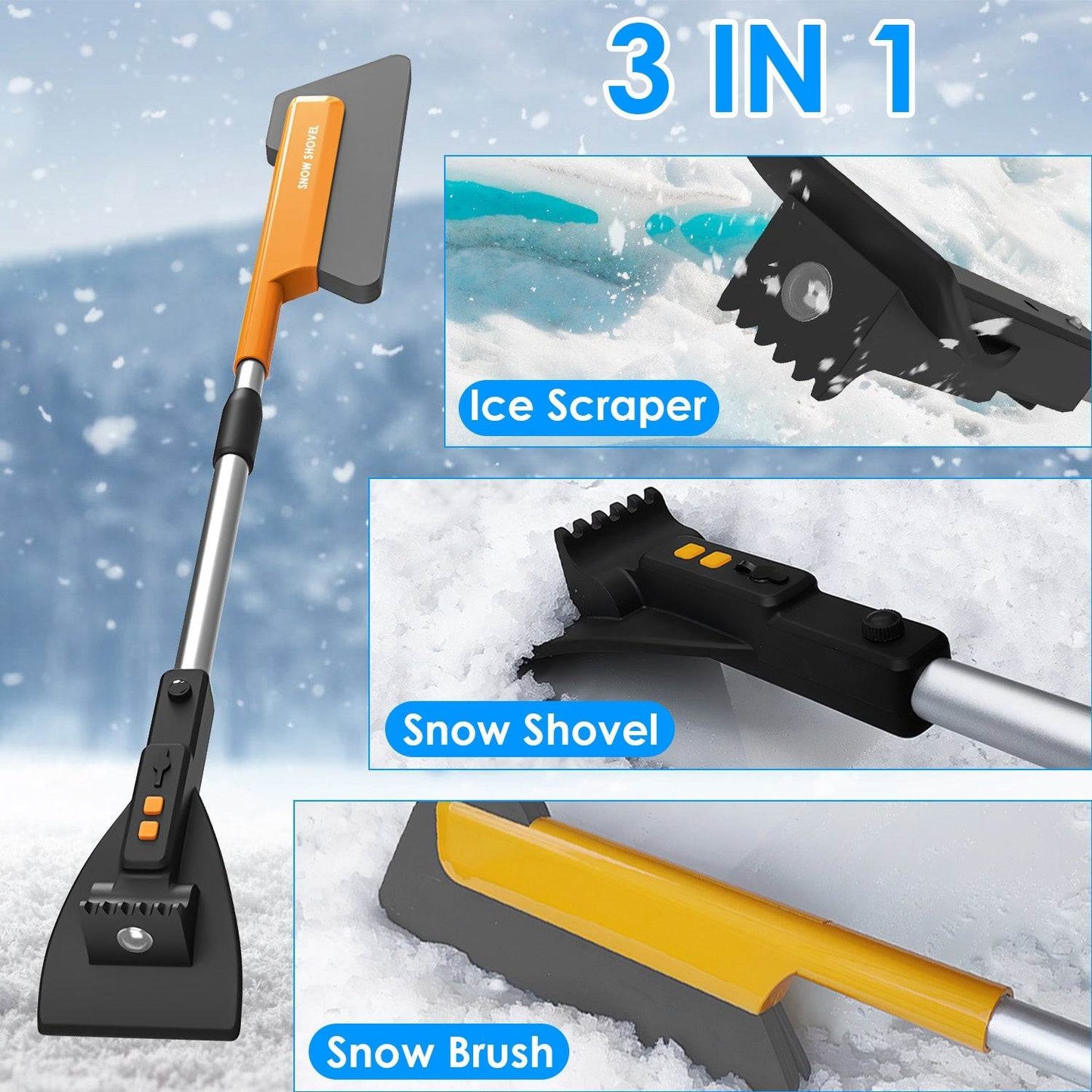 1Pc 3 In 1 Car Snow Removal Shovel With Lights Car Snow Removal Tool Telescopic Windshield Ice Scraper Snow Brush Shovel - Noman Store LLC