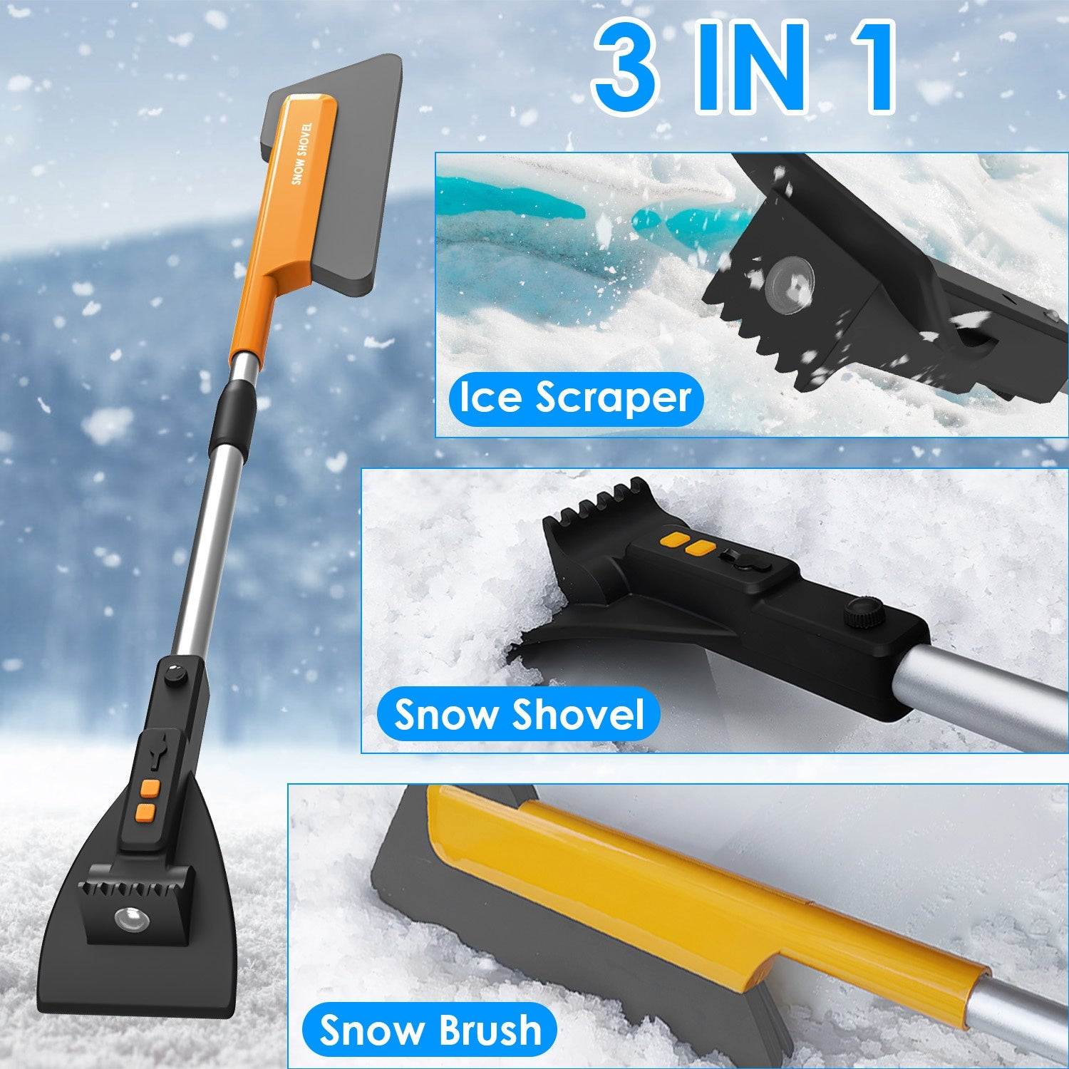 1Pc 3 In 1 Car Snow Removal Shovel With Lights Car Snow Removal Tool Telescopic Windshield Ice Scraper Snow Brush Shovel - Noman Store LLC