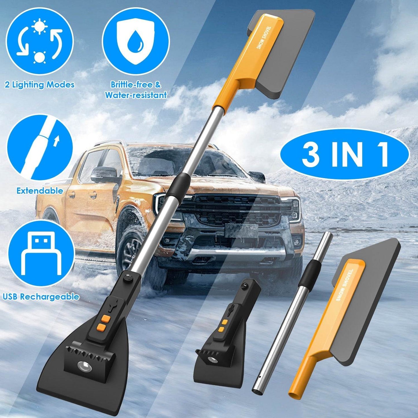 1Pc 3 In 1 Car Snow Removal Shovel With Lights Car Snow Removal Tool Telescopic Windshield Ice Scraper Snow Brush Shovel - Noman Store LLC