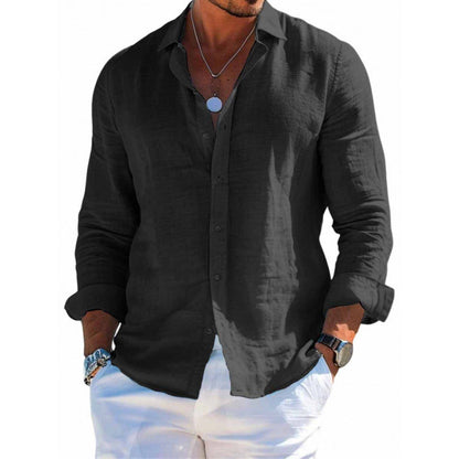Men's Long Sleeve Shirt Casual Loose Lapel Button Top Solid Color Plus Size Blouse Clothing - NOMAN STORE LLC