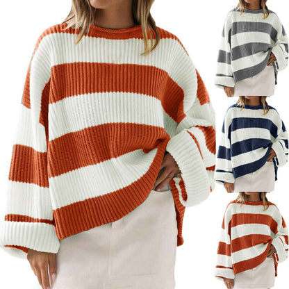 Loose Striped Sweater Fashion Casual Long Batwing Sleeve Round Neck Pullover Knit Tops Women Clothing - NOMAN STORE LLC
