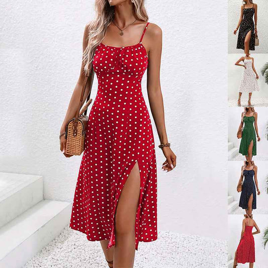 New Polka Dot Print Suspender Dress Summer Sexy Split Long Dresses For Womens Clothing - NOMAN STORE LLC