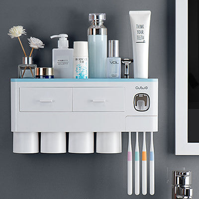 Non-marking Hanging Magnetic Toothbrush Holder Single Drawer Storage Rack With Toothpaste Squeezer Toiletry Set - NOMAN STORE LLC