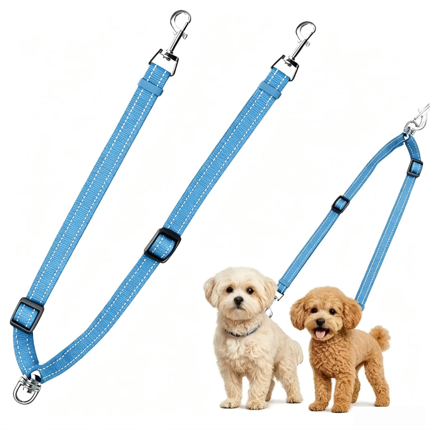 Adjustable Reflective Dual Pet Leash with Metal Buckles