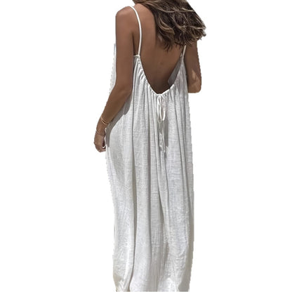 Loose Spaghetti Dress Ins Fashion U-cut Backless Tie-up Long Dresses Beach Vacation Bohemian Women's Clothing