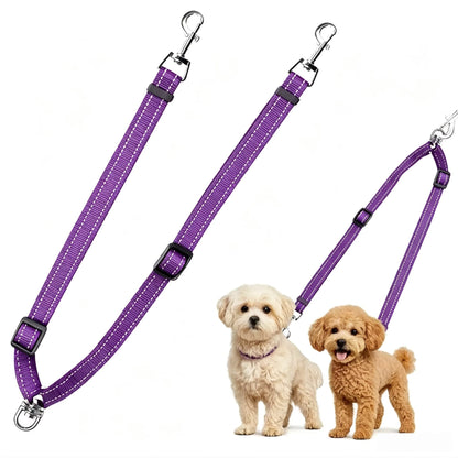 Adjustable Reflective Dual Pet Leash with Metal Buckles