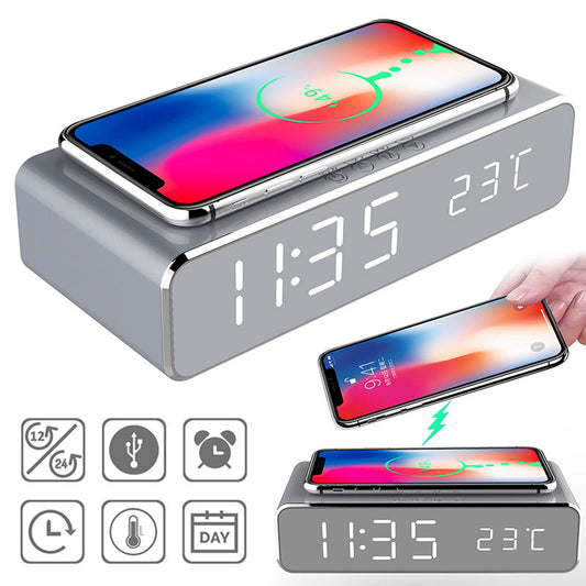 LED Electric Alarm Clock With Wireless Charger Desktop Digital Despertador Thermometer Clock HD Mirror Clock Watch Table Decor - NOMAN STORE LLC