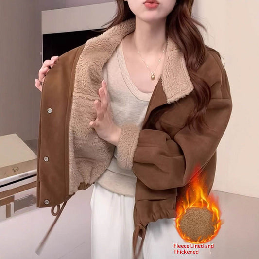 Womens Lambswool Coat Short Padded Suede Like Brown Cotton Padded Jacket