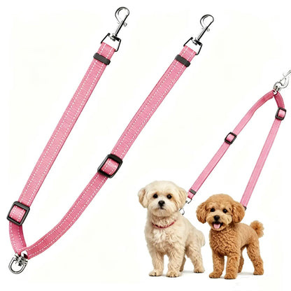 Adjustable Reflective Dual Pet Leash with Metal Buckles