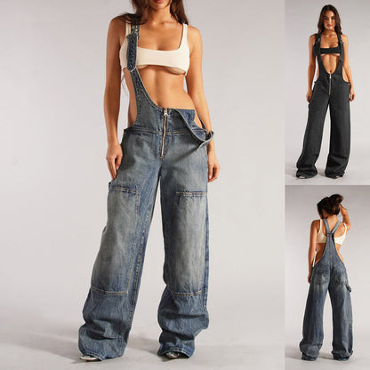 Y2K Zipper Denim Overalls With Pockets Fashion Loose Suspender Jumpsuit Streetwear Jeans Pants Womens Clothing - NOMAN STORE LLC