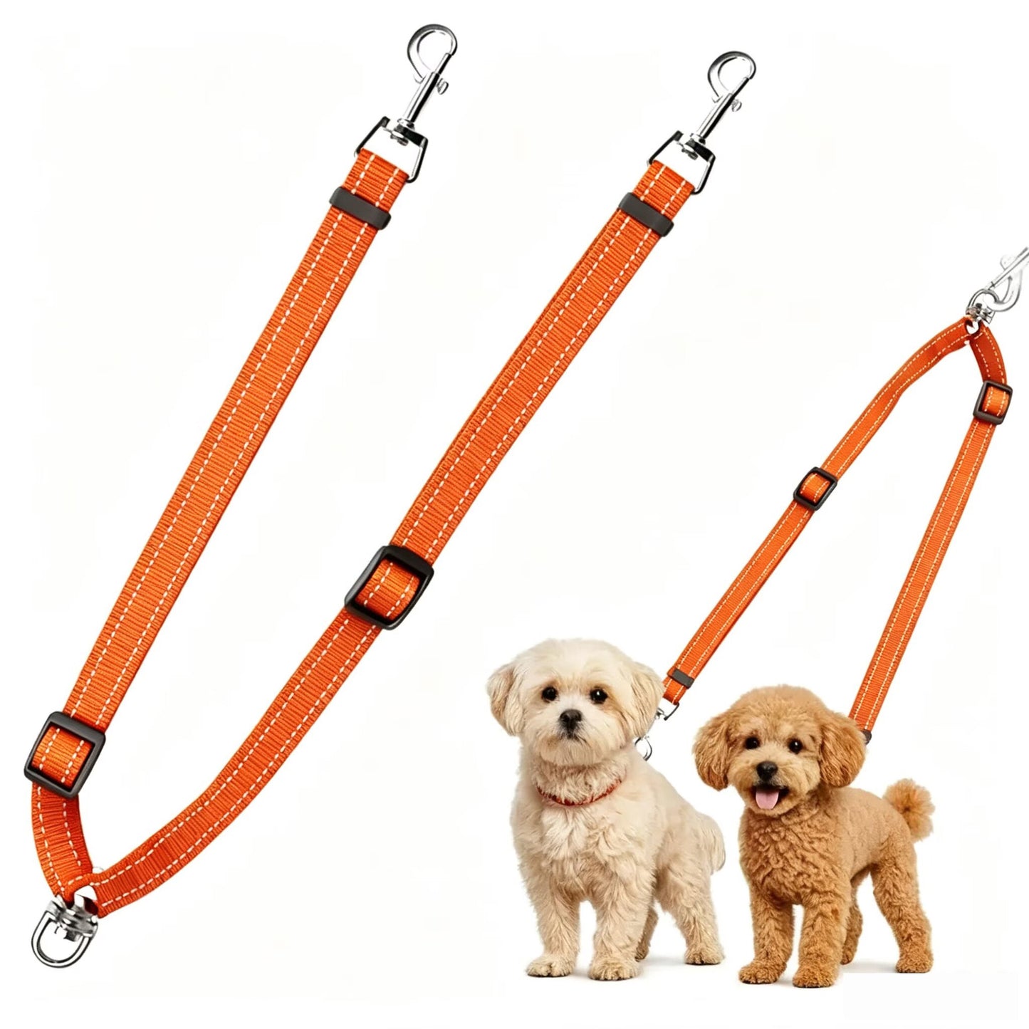 Adjustable Reflective Dual Pet Leash with Metal Buckles