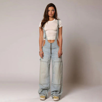 Y2K Zipper Denim Overalls With Pockets Fashion Loose Suspender Jumpsuit Streetwear Jeans Pants Womens Clothing - NOMAN STORE LLC