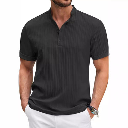 Summer Stand Collar Buttons Short Sleeve T-shirt Solid Color Stripe POLO Shirt Fashion Casual Beach Clothing For Men - NOMAN STORE LLC
