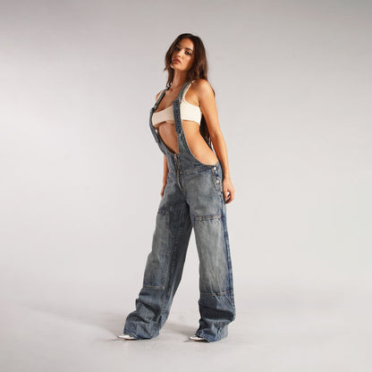 Y2K Zipper Denim Overalls With Pockets Fashion Loose Suspender Jumpsuit Streetwear Jeans Pants Womens Clothing - NOMAN STORE LLC