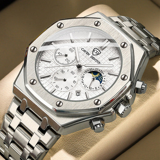 Waterproof High-grade Three Eyes And Six Needles Multi-functional Moon Phase Men's Steel Strap Watch - NOMAN STORE LLC