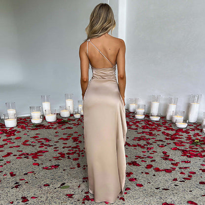 Sexy One-shoulder Backless Slit Dress Summer Elegant Slim-fit Solid Color Satin Dresses For Women - NOMAN STORE LLC