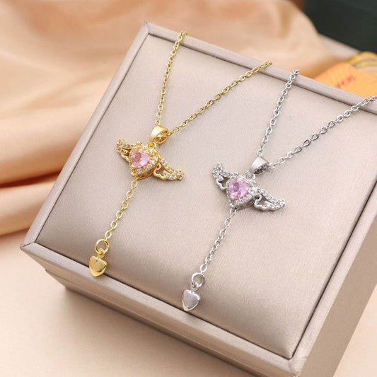 Moving Cupid Heart Angel Wings Tassel Necklace With Crystal Clavicle Chain Women Jewelry Gift Valentine's Day - Noman Store LLC