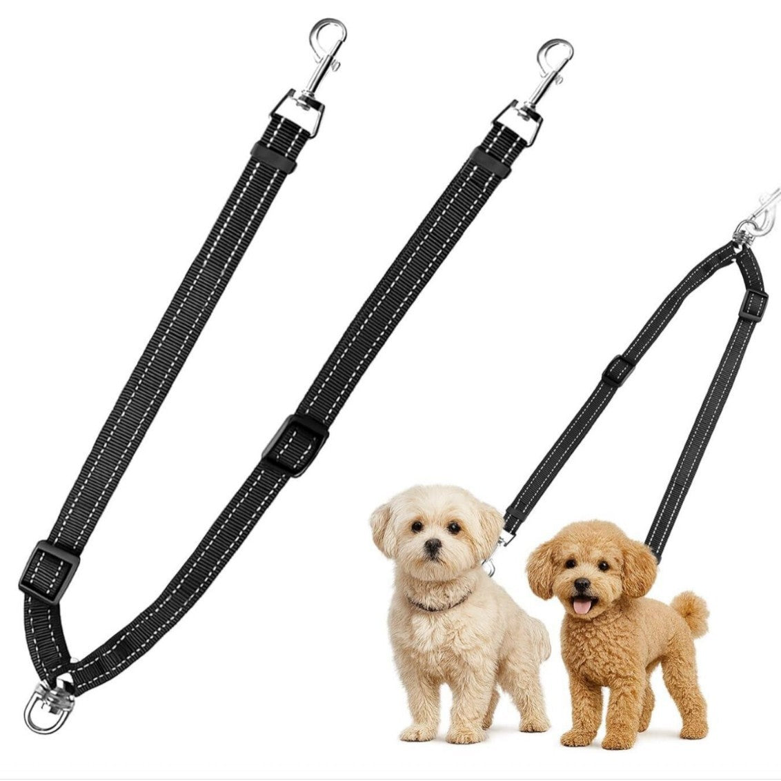 Adjustable Reflective Dual Pet Leash with Metal Buckles