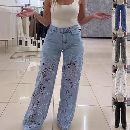Lace Flowers Hollow Jeans Fashion High Waist Straight Wide Leg Pants Solid Color Trousers Women's Clothing - NOMAN STORE LLC