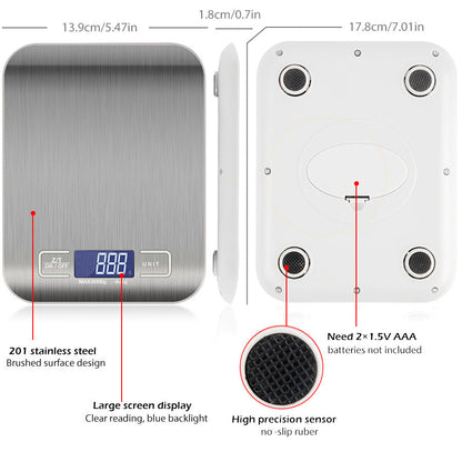 Digital Kitchen Food Scale – 5KG/11lb Stainless Steel Electronic Weighing Machine with LCD Display - NOMAN STORE LLC