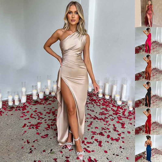 Sexy One-shoulder Backless Slit Dress Summer Elegant Slim-fit Solid Color Satin Dresses For Women - NOMAN STORE LLC