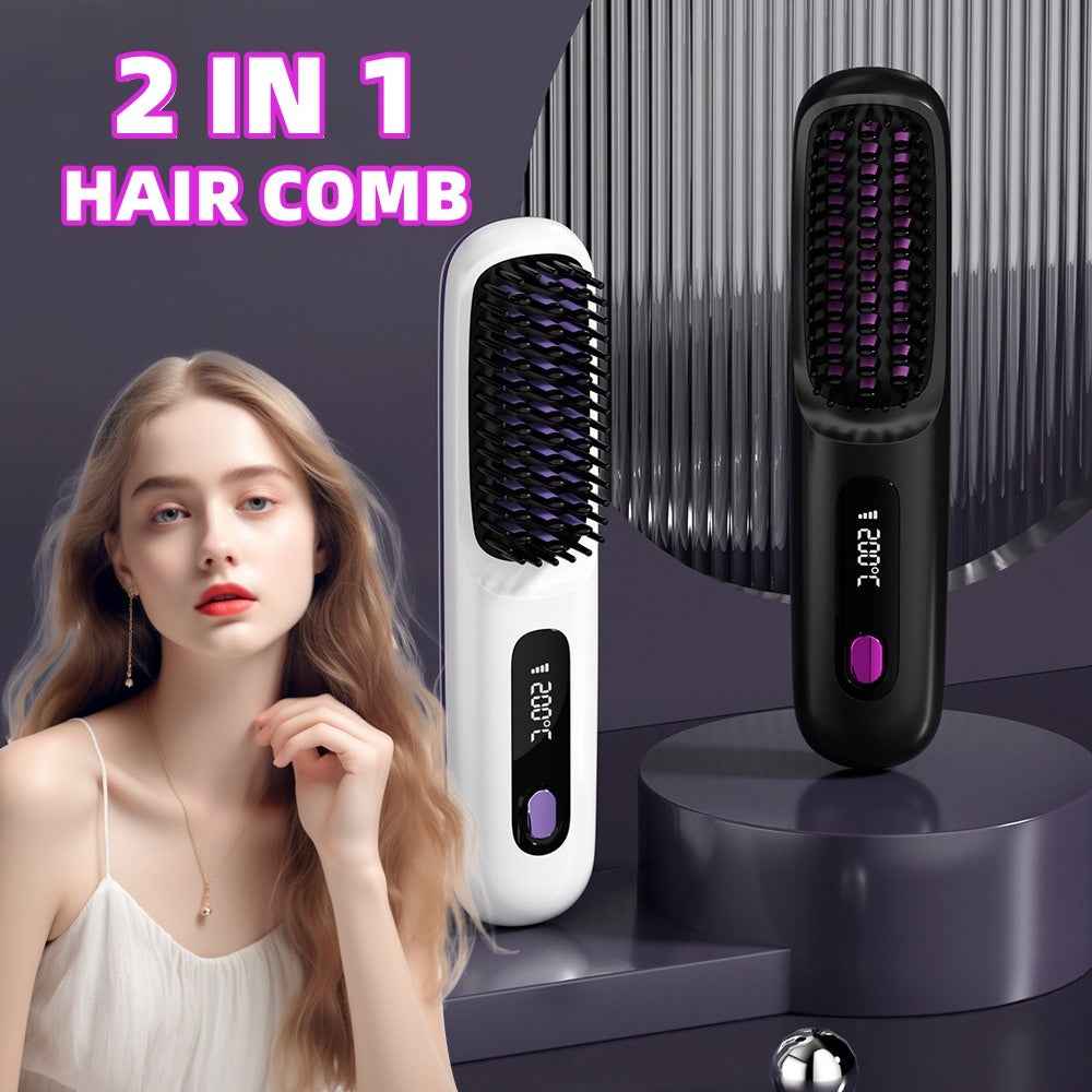 2 In 1 Straight Hair Comb Wireless Hair Straightener Brush Hair Fast Heating Portable Hot Curler USB Charging - NOMAN STORE LLC