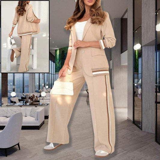 2 Pcs Set Women's Suit Set Lapel Long Sleeves Coat and Wide Leg High Waist Trousers for Office Commuting - Noman Store LLC
