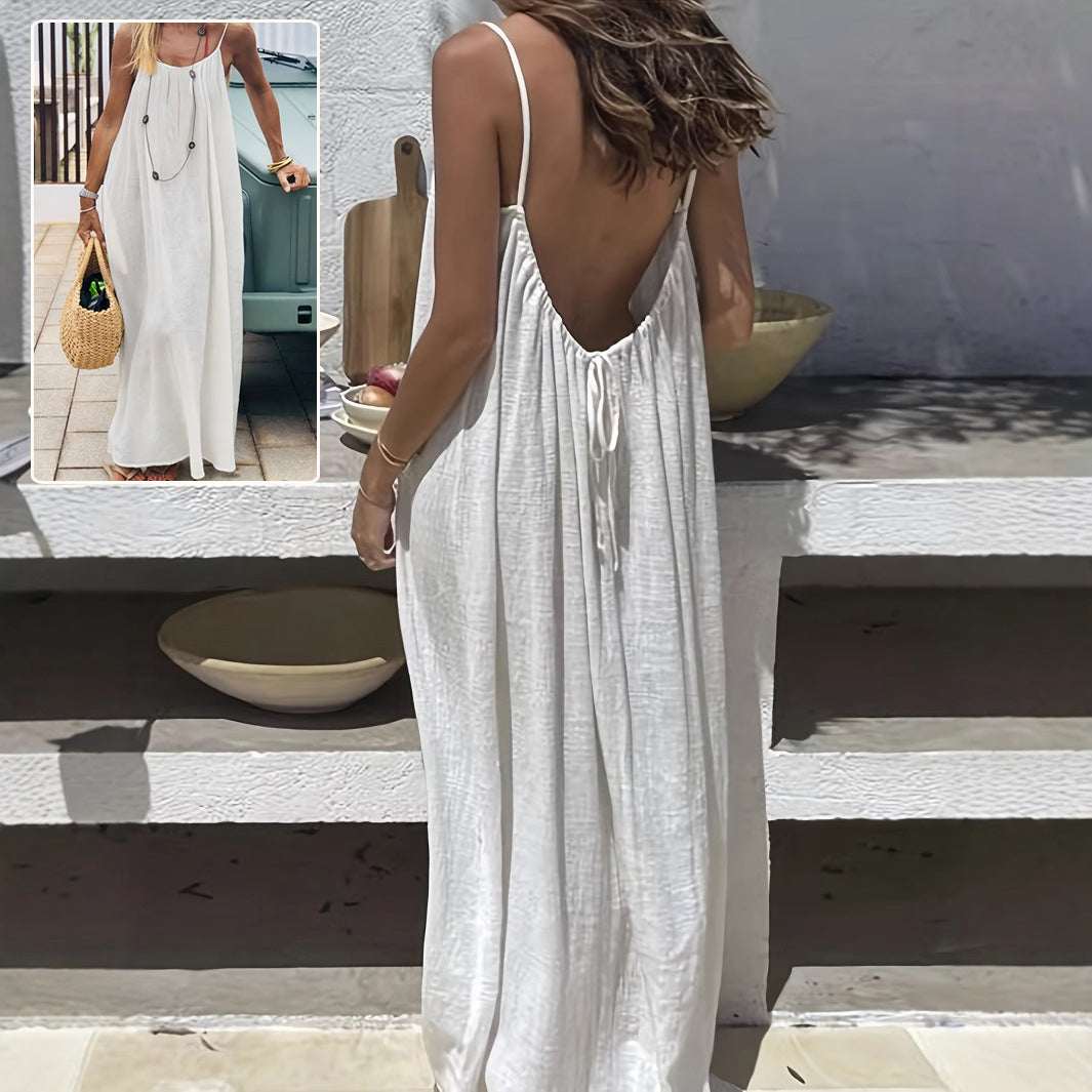 Loose Spaghetti Dress Ins Fashion U-cut Backless Tie-up Long Dresses Beach Vacation Bohemian Women's Clothing