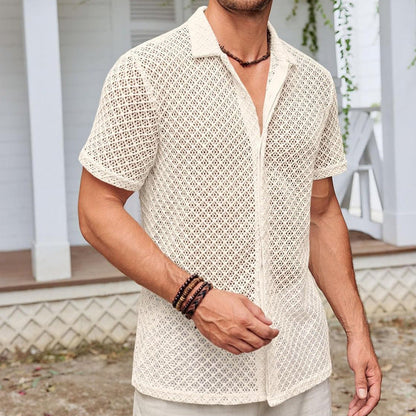 Summer Mesh Short Sleeve Shirt Fashion Solid Color Lapel Shirt Tops Beach Men Clothing - NOMAN STORE LLC
